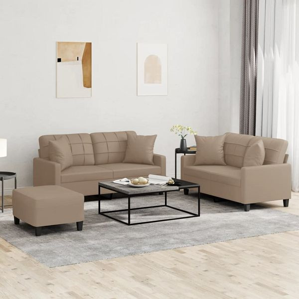 vidaXL 3-teilig Sofagarnitur mit Kissen Cappuccino-Braun Kunstleder, 3201377