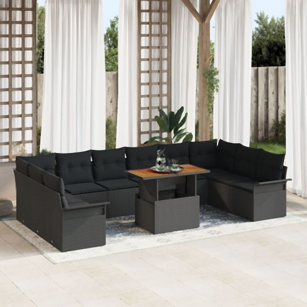 vidaXL 11-teiliges Garten Essset mit Kissen in Schwarz Poly Rattan Akazienholz, 3349386