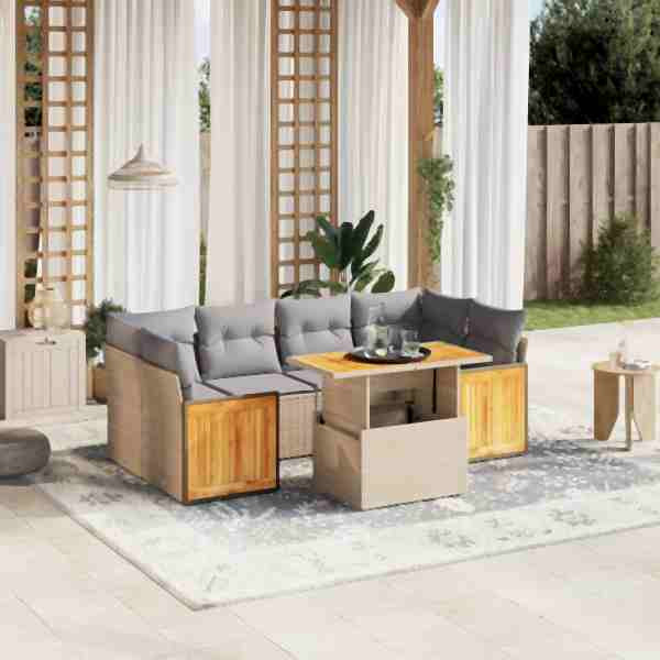 vidaXL 7-tlg. Garten-Sofagarnitur mit Kissen Beige Poly Rattan, UV-beständig, 3273859