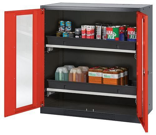 asecos Chemikalienschrank Systema-T CS-102G, Korpus anthrazit, Flügeltüren rot, 2 Tablarauszüge, 208702