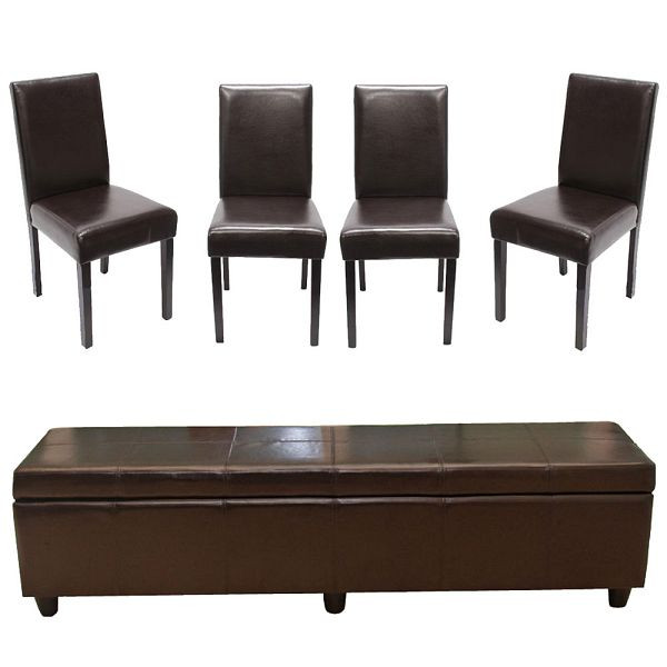 Mendler Garnitur Sitzgruppe Bank mit Aufbewahrung Kriens XXL+4 Stühle Littau, Leder, braun, 12872+7974+7974