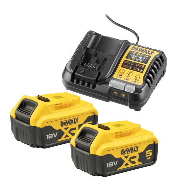 DeWalt 2x 18 Volt / 5 Ah Starter-Set inkl. System-Schnellladegerät DCB 1104, DCB1104P2-QW