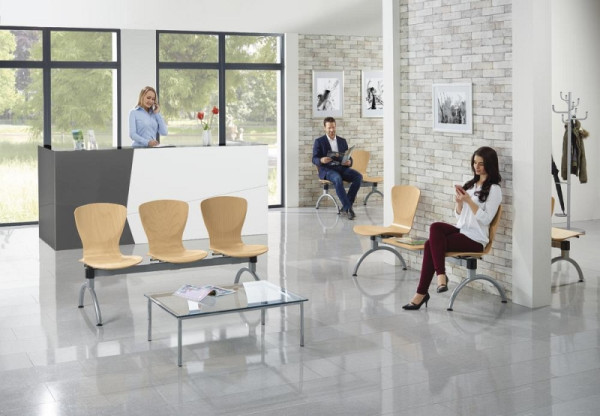 Deskin Besucherbank Tibo, Buchedekor, 1450 x 620 x 840 mm, Gestell: Alusilber, mit Tisch, 256748