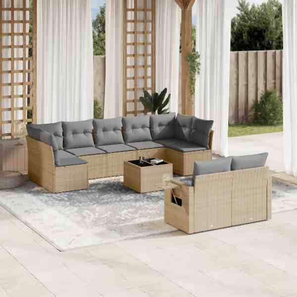 vidaXL 10-tlg. Garten-Sofagarnitur mit Kissen Beige Poly Rattan, UV-beständig, 3252966