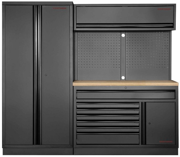 Kraftwerk MOBILIO BLACK EDITION 2er Kombi breit mit 7 Schubladen, 3 Schränken, Vierkant-Lochwand, Arbeitsplatte Buche Multiplex, 3964K-BLK-022