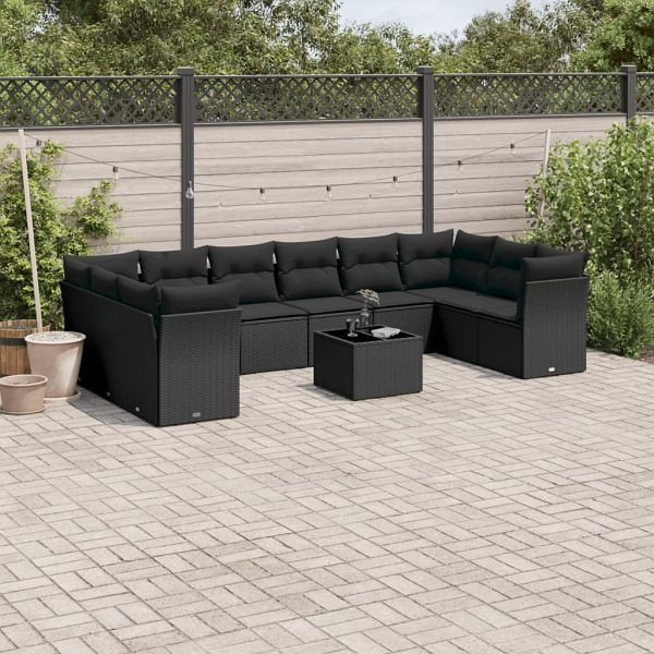 vidaXL 11-tlg. Garten-Sofagarnitur mit Kissen Schwarz Poly Rattan, 3218205