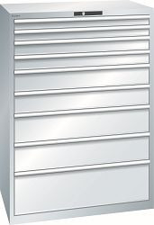LISTA Schubladenschrank 54x36E (BxTxH) 1023x725x1450mm AUTO Lock, Lichtgrau, 9 Schubladen, Traglast: 200 kg, Fronthöhen: 75 - 300 mm, 12.550.020.A