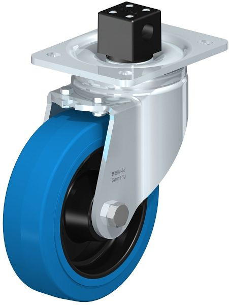 Blickle LH-POEV 160R-CS13-SB Stahlblech-Lenkrolle, Schwerlast-Ausführung, mit Anschraubplatte & Zentralfeststeller, Elastik-Vollgummi, Blau, 851821