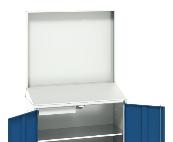 bott verso Economy Pult mit glatter Rückwand, mit 2 Fachböden, 1 Schublade, BxTxH: 1050 x550 x 2000 mm, Lichtgrau / Enzianblau, 16929217.11