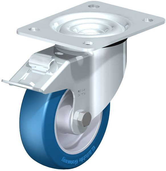 Blickle LK-ALBS 125K-3-FI Stahlblech-Lenkrolle, schwere Ausführung, mit Anschraubplatte & Feststeller, Blickle Besthane® Soft, Blau, 742707