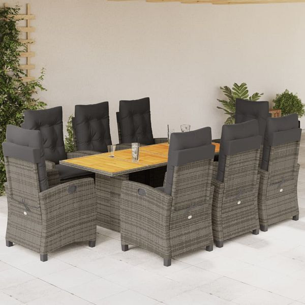 vidaXL 9-teilig Garten-Essgruppe mit Kissen Grau Poly Rattan, 3212711