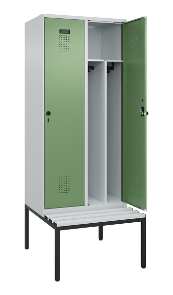 C+P Spind Evolo PLUS, 2 Abteile, 2120x800x815mm, 7035/6011, Haken 4, Drehriegel, Sitzfläche Kunststoff, Sitzbank, Trennwand, 0490507-22F S10064