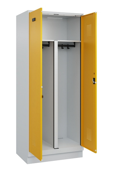 C+P PSA Schwarz-Weiß-Spind Evolo PLUS, mit Sockel, 2 Abteile, 1950x800x500mm, 70, Frontfarbe RAL 1004 Goldgelb, Zylinderschloss, 049022-22P S10027