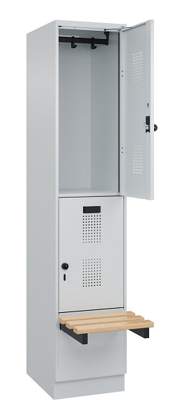 C+P Doppelstock-Spind Evolo PLUS, Bank, 2 Fächer, 1950x400x815mm, 7035/7035, Drehriegel, Sitzfläche Buche-Hartholz, mit Sockel, 049340-12 S10013