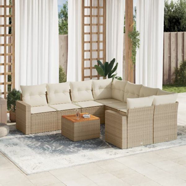 vidaXL 9-tlg. Garten-Sofagarnitur mit Kissen Beige Poly Rattan, 3256380