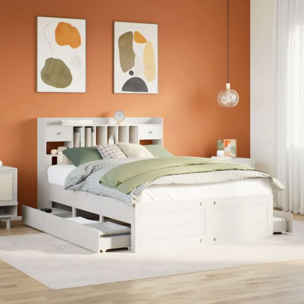 vidaXL Massivholzbett mit Regal ohne Matratze Weiß 140x200 cm Kiefer, 3308961
