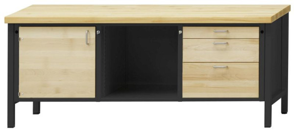 ANKE Werkbänke Kastenwerkbank; 2000x700x890mm; Buche-Massiv-Platte 40mm; Links 1 Tür; Mitte Fach offen; Rechts 3 Schubladen 90, 180, 270 mm, 310.233