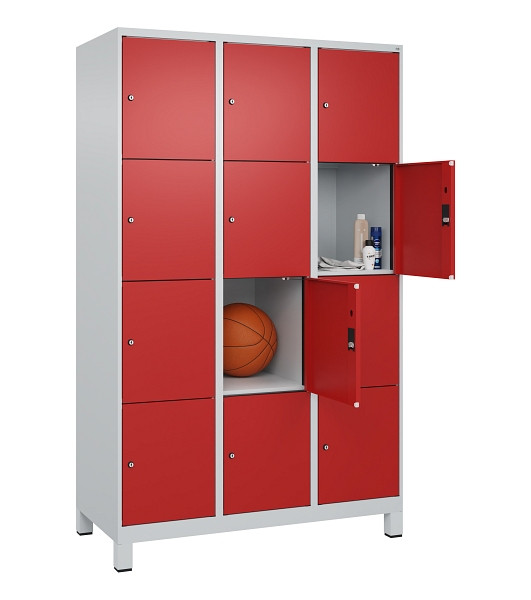 C+P Schließfachschrank Evolo PLUS, mit Füßen, 12 Fächer, 1950x1200x500mm, 7035/3000 feuerrot, Abteile 3, Abteilbreite 400 mm, 049010-324 S10003