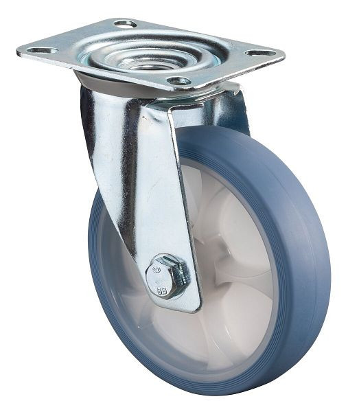 BS Rollen Transportrolle Lenkrolle, thermoplastisches Gummirad, Reifen lichtblau, Rollenlager, Platte, Durchmesser: 125 mm, VE: 2 Stück, L400.B44.126.05