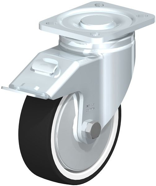 Blickle LH-POTH 125K-1-FI-FA Stahlblech-Bockrolle, Schwerlast-Ausführung, mit Anschraubplatte & Feststeller, Thermoplastisches Polyurethan, Grau, 635805