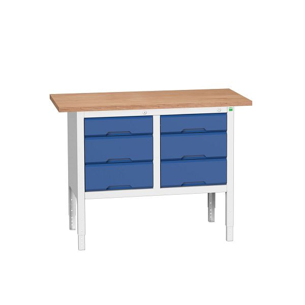 bott verso Kastenwerkbank mit einstellbarer Arbeitshöhe und Schubladenschrank mit 3 Schubladen, 1250x600x830-930mm, Lichtgrau/Enzianblau, 16923004.11