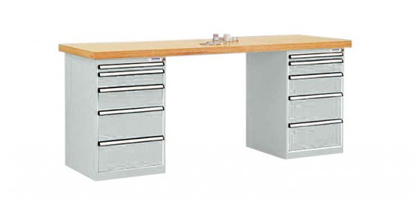 Manuflex Werkbanksystem COMBI, 2 Gehäuse Modell 1 mit massiver Bucheplatte, BxTxH = 2000 x 700 x 840 mm, Lichtgrau, TP5092.7035