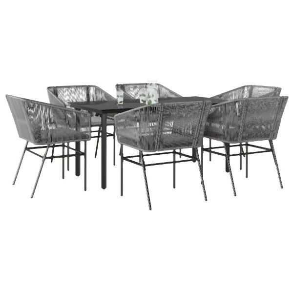 vidaXL 7-teilig Garten-Essgruppe mit Kissen Grau Poly Rattan Glas, 3334629