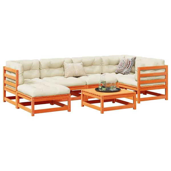 vidaXL 7-teilig Garten-Sofagarnitur mit Kissen Wachsbraun Kiefernholz, 3299535