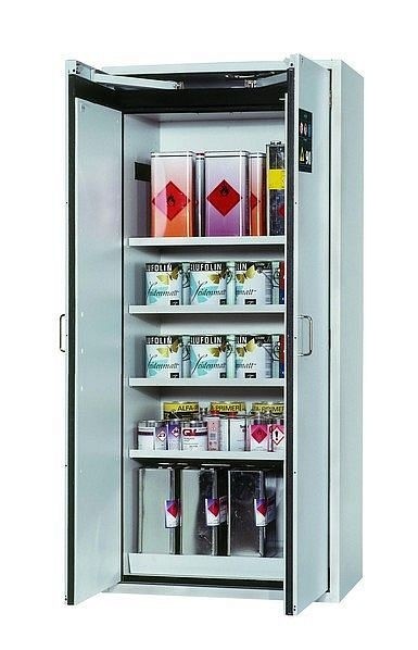 asecos Sicherheitsschrank S-CLASSIC-90, S90.196.090 in lichtgrau RAL 7035 mit 4x Fachboden (Stahlblech), 30204-001-30209