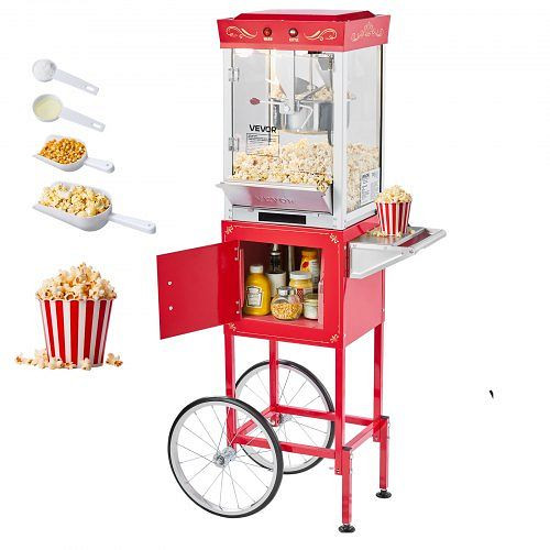 VEVOR Popcornmaschine mit Kessel & Wagen, 800 W, 48 Tassen pro Ladung, Glaswand, PC-Tür, 1 Portionierer, 3 Löffel, Rot, CSBMHJHS8OZW5RV9X001V2