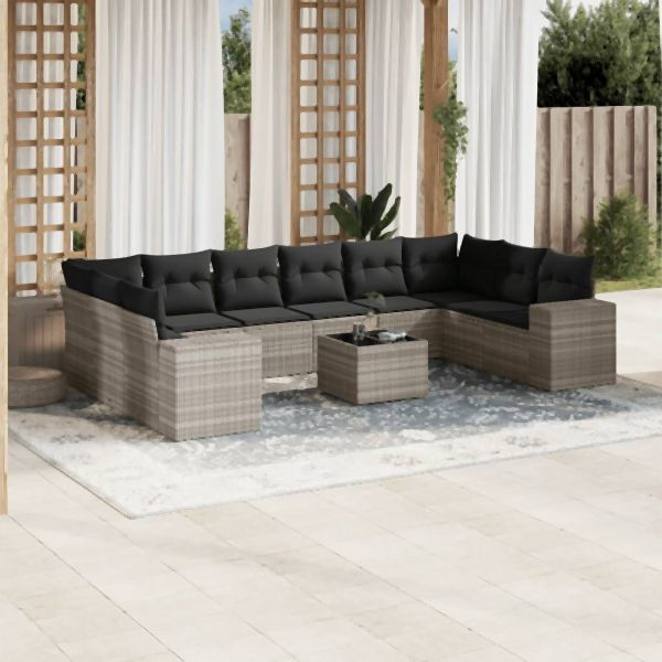 vidaXL 11-tlg. Garten-Sofagarnitur mit Kissen Hellgrau Poly Rattan, 3255419
