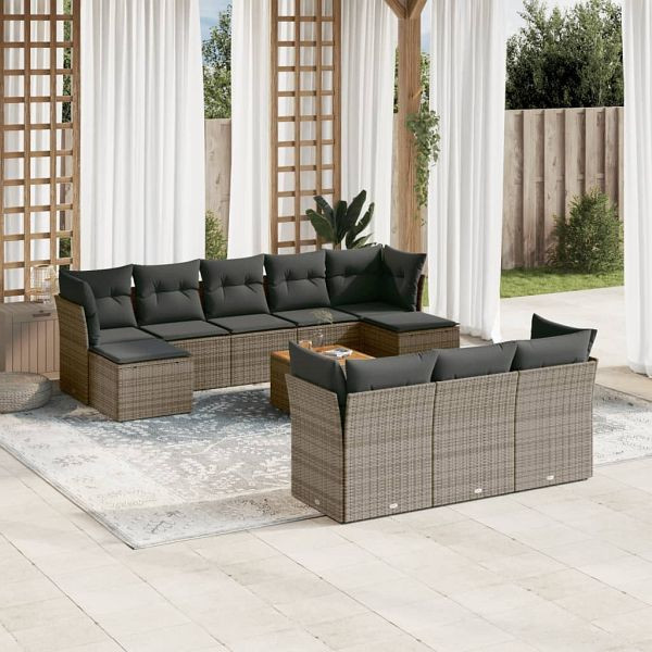 vidaXL 11-teilig Garten-Sofagarnitur mit Kissen Grau Poly Rattan, 3223883