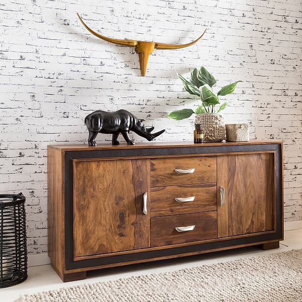 Wohnling Design Sideboard KARAN Sheesham Massivholz mit Kunstleder 160x44x80 cm, WL5.193