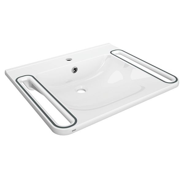 KWC Einzelwaschtisch, MEDCARE, MIRANIT, 650x150x550 mm, weiß/grau, Hahnloch, Überlauf, Griffe, barrierefrei, 2030070763