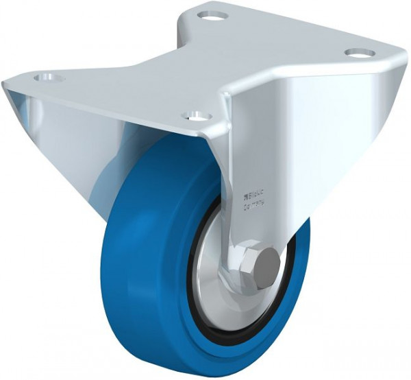 Blickle BK-POEV 100KD-3-SB-FA Stahlblech-Bockrolle, schwere Ausführung, mit Anschraubplatte, Elastik-Vollgummi, Blau, 851398