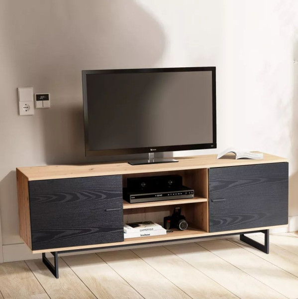 Wohnling Lowboard Eiche-Dekor Schwarz 150x55x40 cm TV-Kommode Modern, Fernsehtisch Fernsehschrank mit zwei Türen, WL6.822