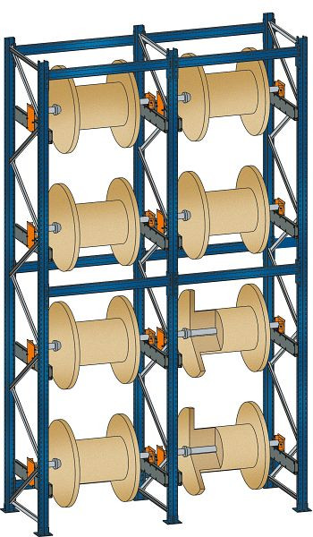 Schulte Grundregal, Kabeltrommel-Regal BlockRoll System, gebremst, 6000 x 870 x 1045 mm, 6 Kabeltrommelachsen, Achsdurchmesser 34 mm, 16970-G