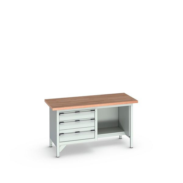 bott cubio Kastenwerkbank mit 3 Schubladen, Rotbuche-Arbeitsplatte, BxTxH: 1500x750x840mm, RAL 7035/7035, Lichtgrau, 41002041.16V