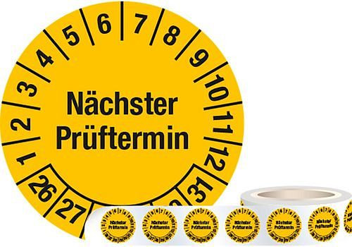 DENIOS Prüfplakette "Nächster Prüftermin", 26 - 31, gelb, Folie, SK, 30 mm, VE: 1 Rolle à 1000 Stück, 290047