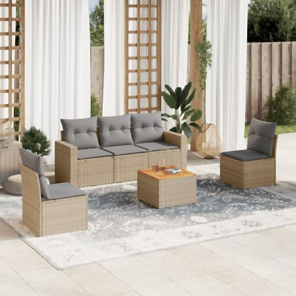 vidaXL 6-tlg. Garten-Sofagarnitur mit Kissen Beige Poly Rattan, 3256395