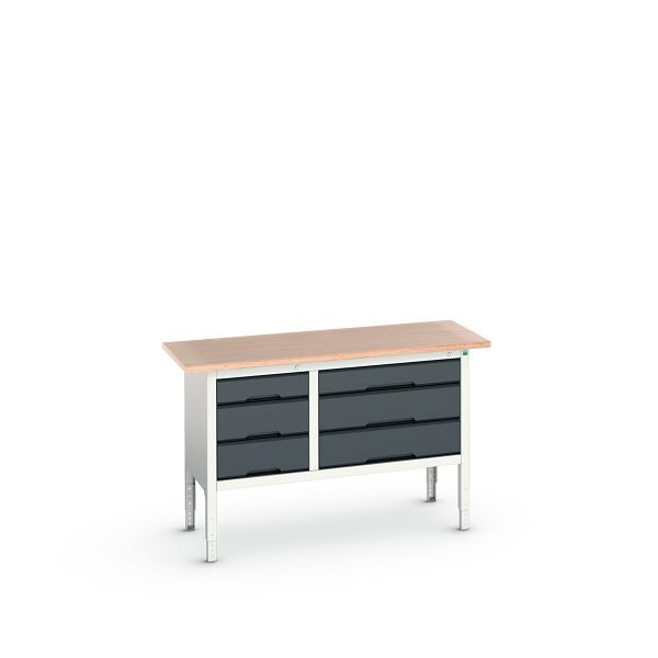 bott verso Kastenwerkbank (Multiplex-Platte) mit 6 Schubladen, BxTxH: 1500 x 600 x 830 - 930 mm, Lichtgrau / Anthrazitgrau, 16923015.19