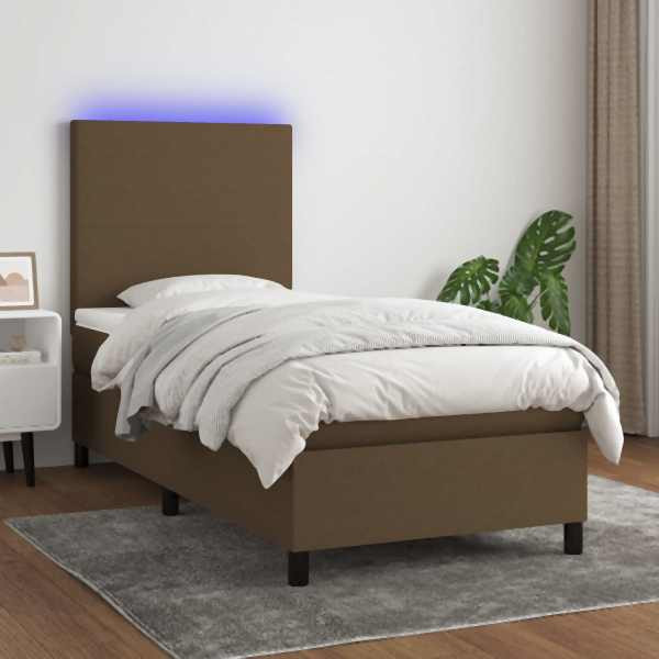 vidaXL Boxspringbett mit Matratze & LED Dunkelbraun 90x190 cm Stoff, 3134680