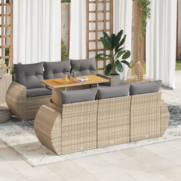 vidaXL 7-tlg. Garten-Sofagarnitur mit Kissen Beige Poly Rattan, 3327223