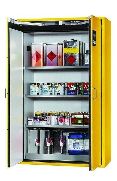 asecos Sicherheitsschrank S-CLASSIC-90, S90.196.120 in sicherheitsgelb RAL 1004 mit 3x Fachboden (Edelstahl), 30115-002-30135