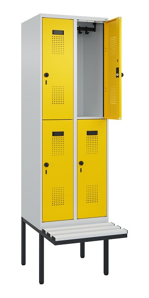 C+P Doppelstock-Spind Evolo PLUS, Bank, 4 Fächer, 2120x600x815mm, 7035/1023, Drehriegel, Sitzfläche Kunststoff, 0493407-20 S10082