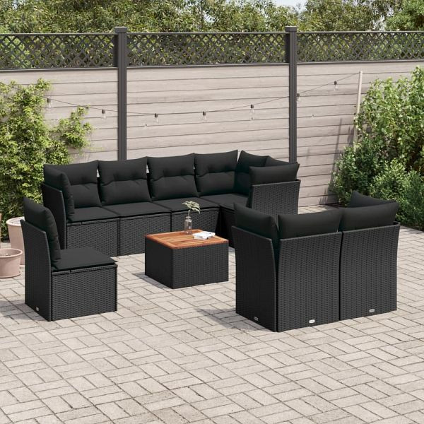 vidaXL 9-tlg. Garten-Sofagarnitur mit Kissen Schwarz Poly Rattan, 3223738