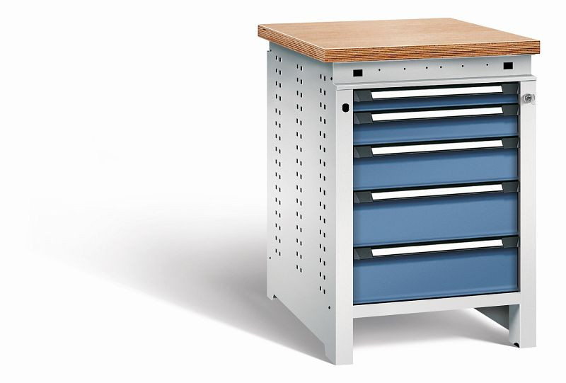 Otto Kind Werkbank Serie function Typ 109, Multiplexplatte, bündig, 5 Schubladen, mit Zentralverschluss, Gehäuse RAL 7035, Front RAL 5023, 072326164