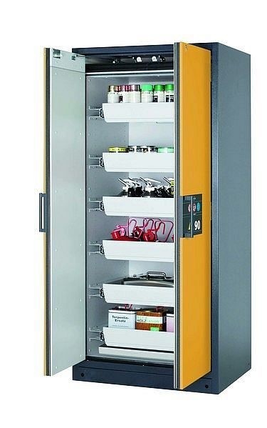 asecos Sicherheitsschrank Q-CLASSIC-90, Q90.195.090 in sicherheitsgelb RAL 1004 mit 6x Auszugswanne Standard (Stahlblech), 30041-040-30055