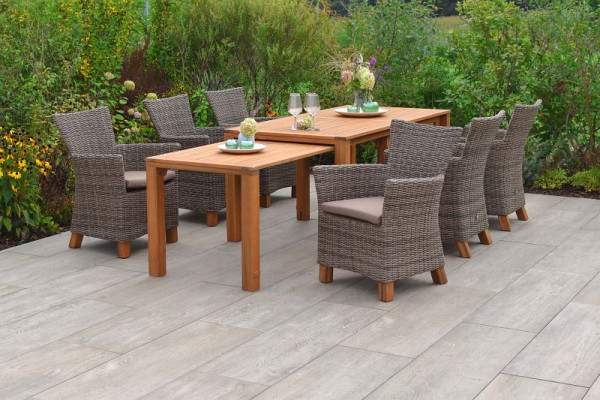 Merxx Toskana Set 7-teilig, 6 Toskana Sessel, inkl. Auflagen, Beine aus Akazienholz, 1 Flex Ausziehtisch, 185/370 x 90/73 cm, Akazienholz, natur, 50587-211