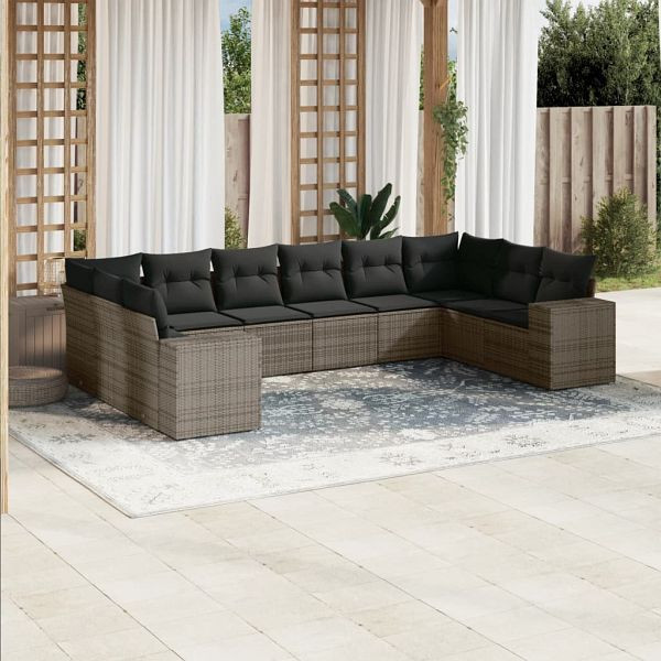 vidaXL 10-teilig Garten-Sofagarnitur mit Kissen Grau Poly Rattan, 3223069